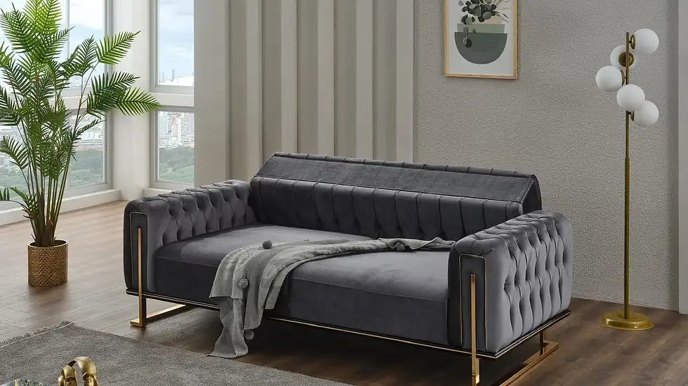 Ensemble de Sofa 3 Pièces Mondo Capitonné en Velours avec Pieds en Métal