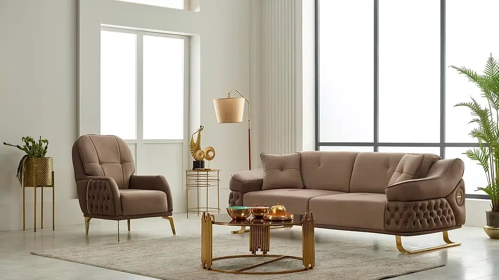 Fauteuil d'Appoint Saiss en Tissu Beige et Pieds Dorés