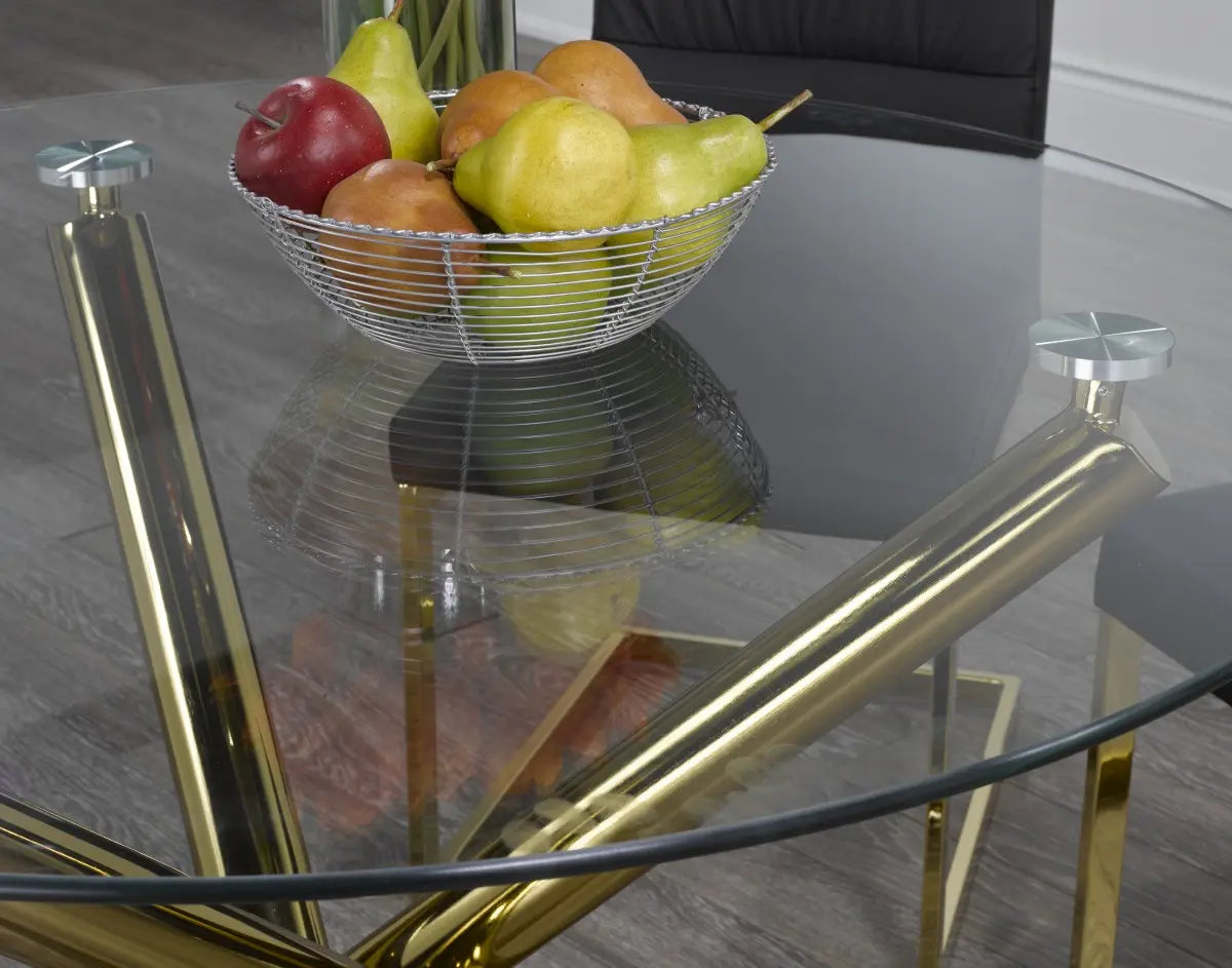 Table à manger dorée à base en X - Verre Trempé