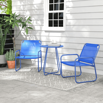 Ensemble de bistro d'extérieur 3 pièces, table et chaises de jardin avec tissu en maille respirante, fauteuils, table basse ronde avec dessus en métal, bleu marine