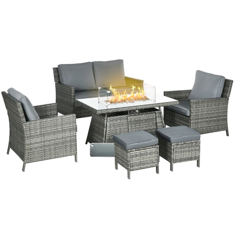 Ensemble de meubles de patio 6 pièces avec table de foyer à gaz de 50 000 BTU, table de salle à manger et chaises d'extérieur en rotin PE, ensemble de canapé de conversation sectionnel avec coussins, gris