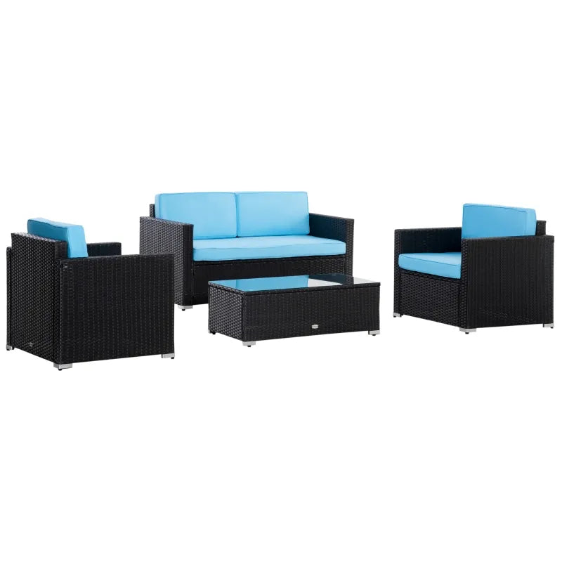 Ensemble de meubles de patio 4 pièces en osier avec coussins de 4 po d'épaisseur, ensemble de canapé de conversation d'extérieur en rotin PE avec table en verre et siège extra large, bleu ciel