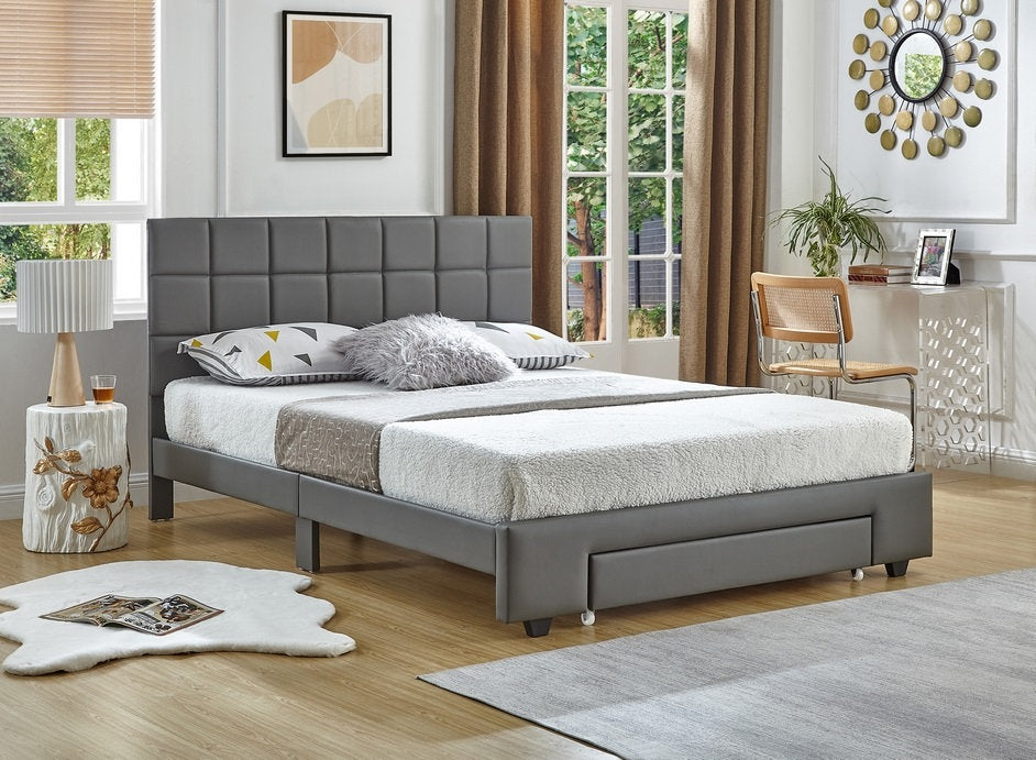 Lit PU Gris - Tête de Lit Carrée Capitonnée, Support Matelas