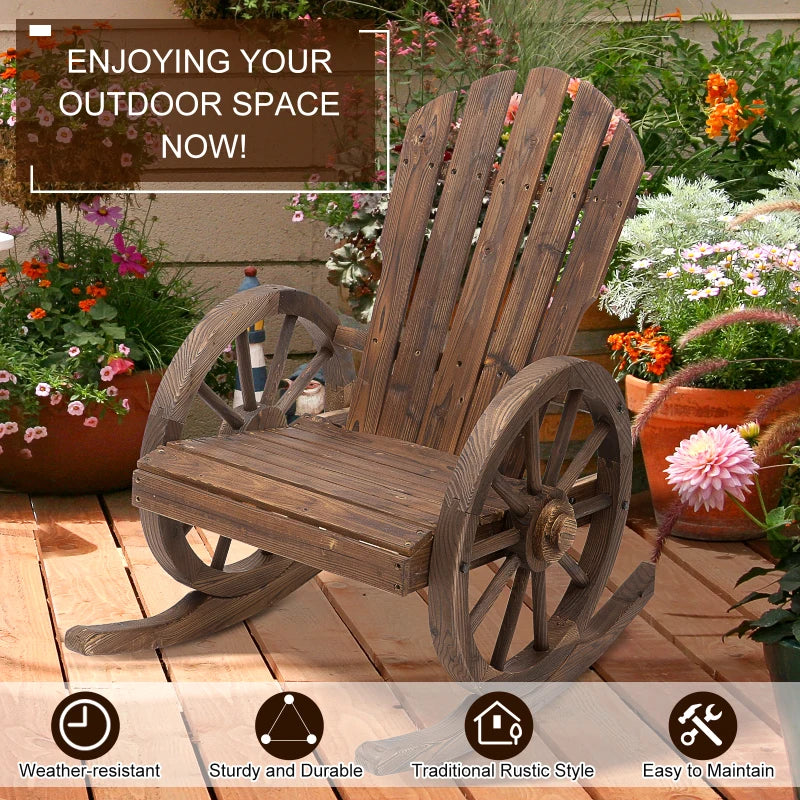 Chaise à bascule Adirondack en bois pour terrasse, fauteuil à bascule d'extérieur avec design à lattes et accoudoirs à roulettes pour porche, bord de piscine ou jardin, marron rustique