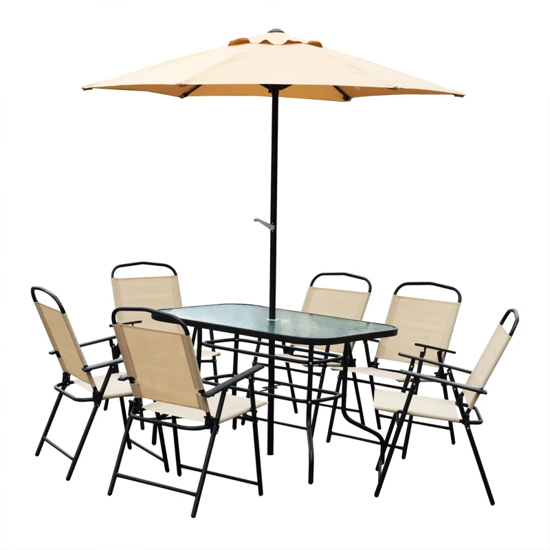 Ensemble de salle à manger en textilène de jardin, 8 pièces, mobilier de bistro d'extérieur, 6 chaises pliantes avec table et parasol Beige
