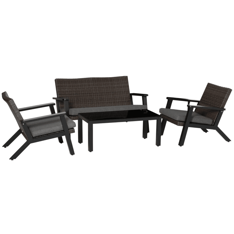 Ensemble de meubles de patio 4 pièces, ensemble de canapé d'extérieur avec cadre en aluminium, canapé en rotin PE avec 2 coussins, 1 causeuse et table basse avec plateau en verre trempé pour jardin, arrière-cour, noir, gris