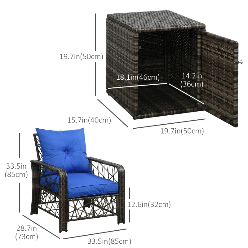 Ensemble de meubles de patio 3 pièces avec coussins de 4 po d'épaisseur, ensemble de bistro d'extérieur en rotin de luxe et table basse avec fonction de rangement pour bord de piscine, jardin, balcon, bleu