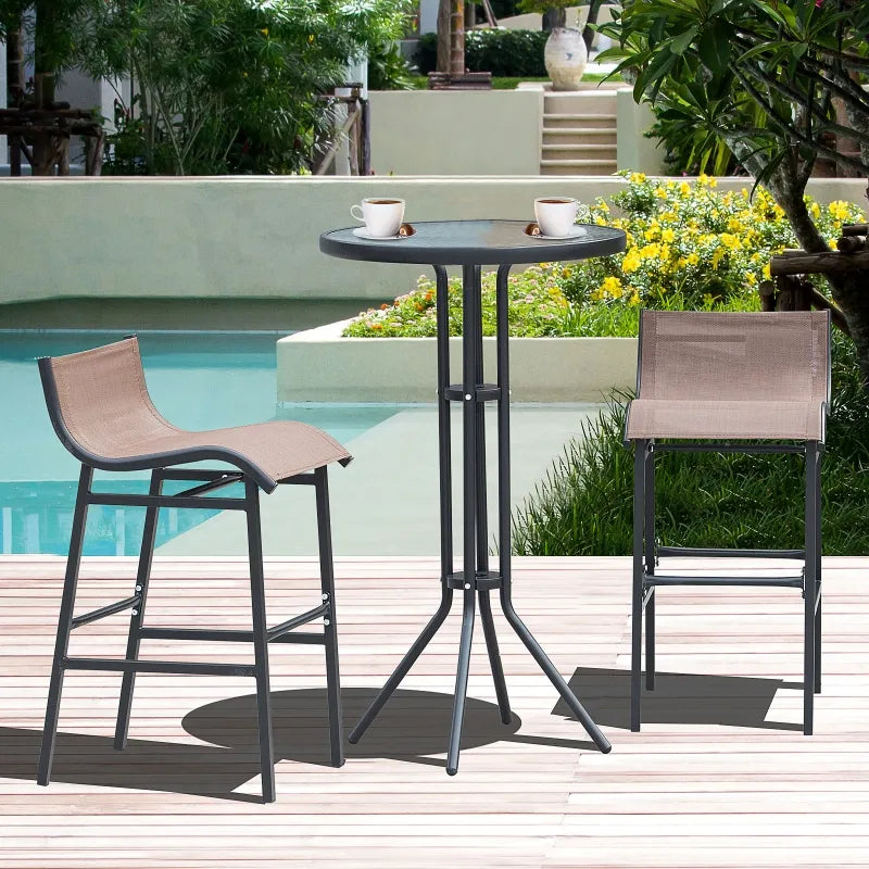 Ensemble de bar de patio 3 pièces, ensemble de bistro extérieur avec 2 tabourets de bar et 1 table de bar en verre trempé, ensemble de conversation de salle à manger, marron
