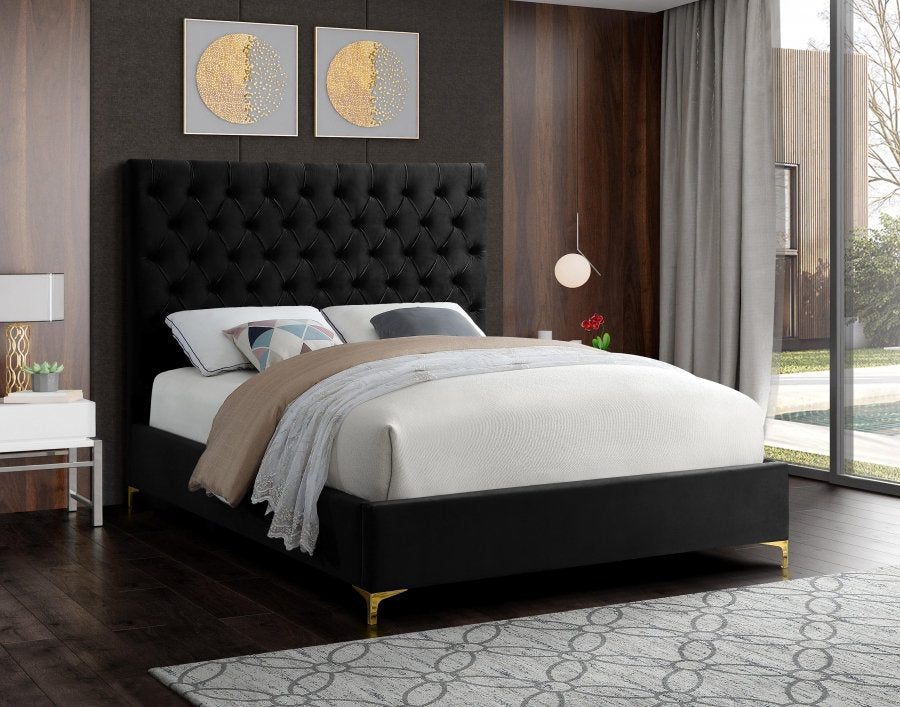 Lit en Velours Noir - Capitonnage Profond, Pieds en Or et Chrome Inclus avec Chaque Lit