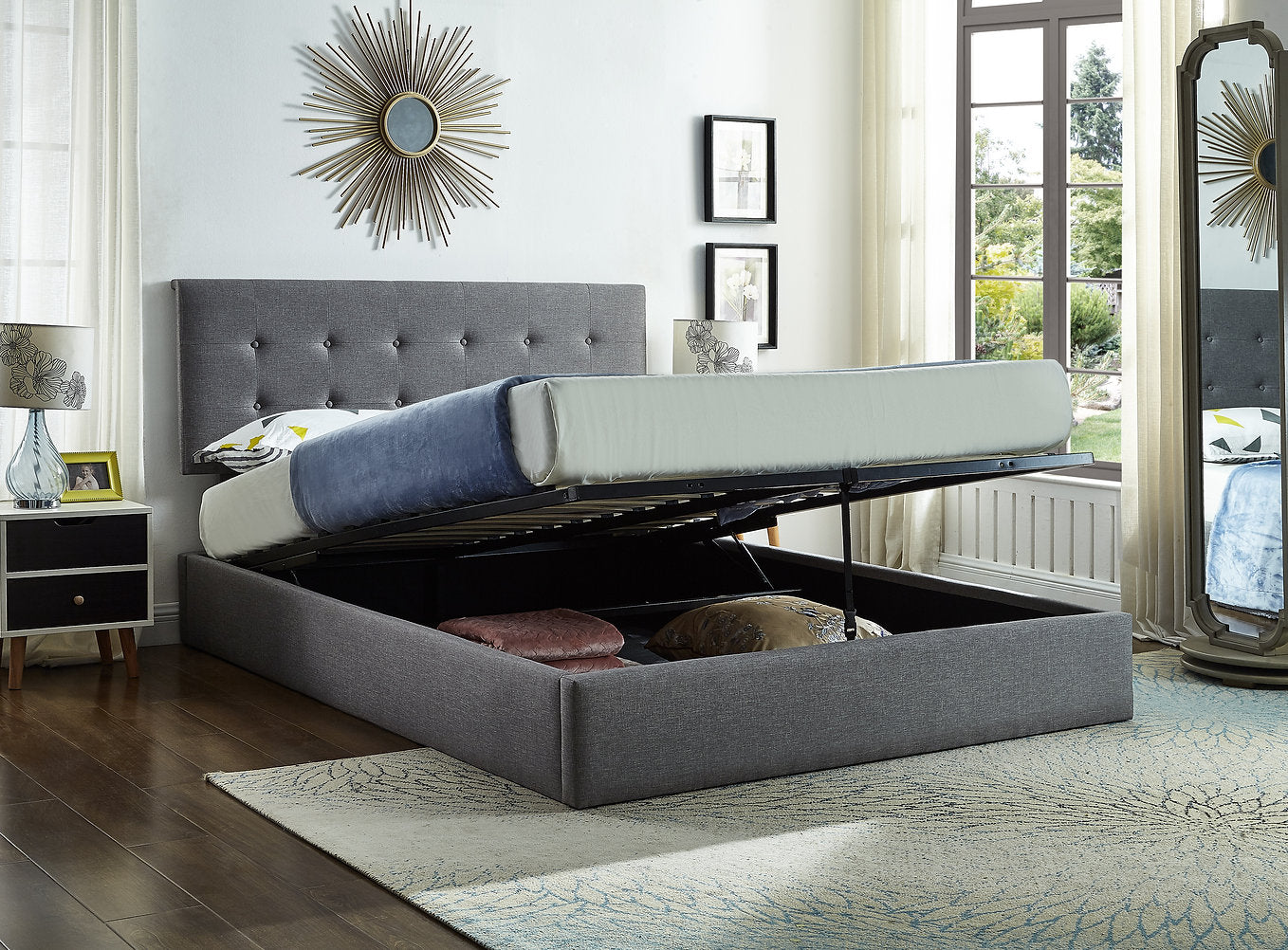 Lit de Rangement en Tissu Gris - Système de Levage Hydraulique, Support de Matelas Inclus