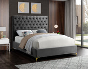 Lit en Velours Gris - Capitonnage Profond, Pieds en Or et Chrome Inclus avec Chaque Lit