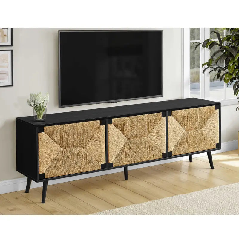 Meuble TV 72" Noyer Pâle avec Portes Jonc de Mer | Meuble MTL