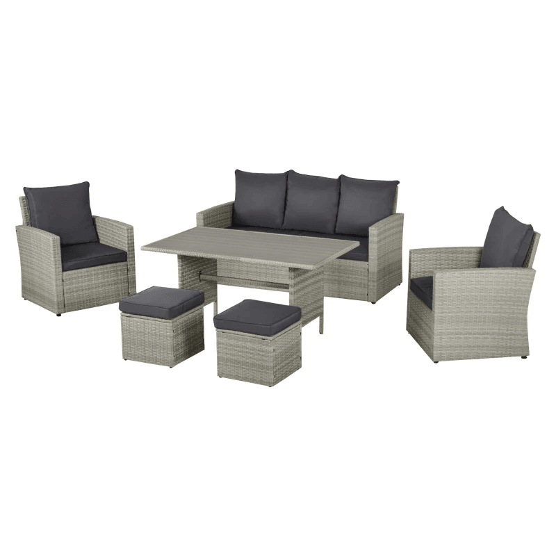 Ensemble de salle à manger d'extérieur en rotin, 6 pièces, Table à manger et chaises de Patio avec plateau en plastique et bois, coussins, gris