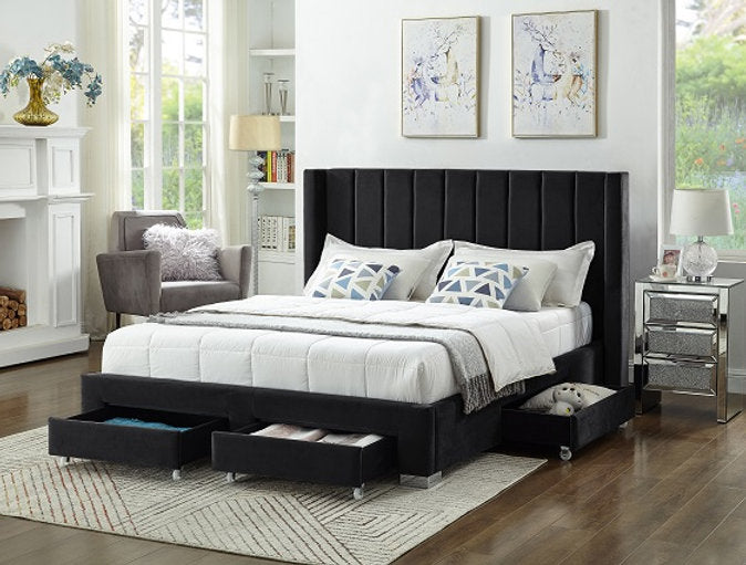 Lit Aile Velours Noir - Capitonnage Profond, Pieds Chromés, 4 Tiroirs, Support Matelas