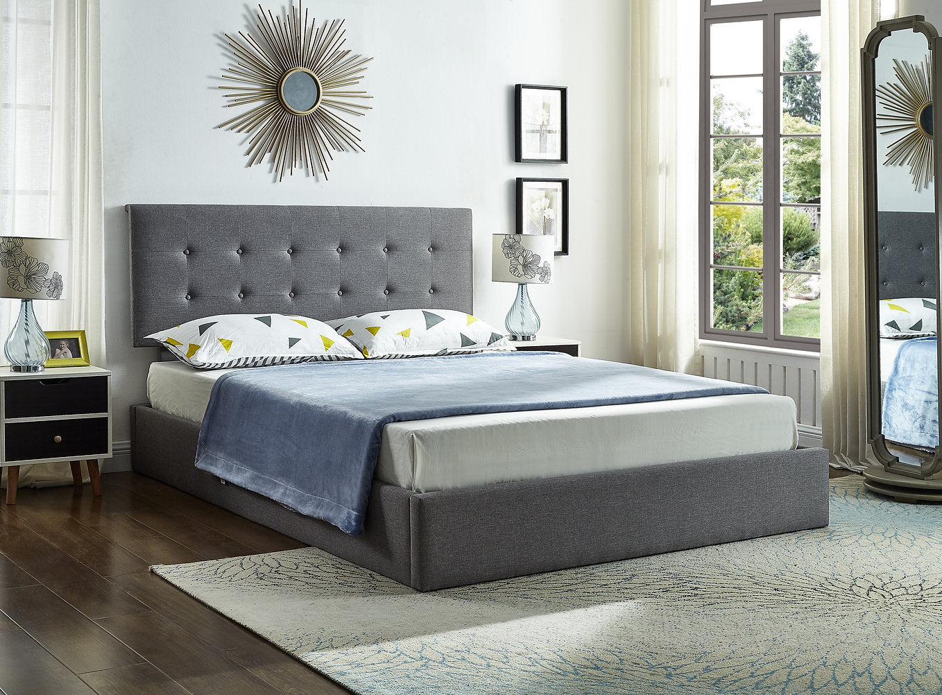 Lit de Rangement en Tissu Gris - Système de Levage Hydraulique, Support de Matelas Inclus