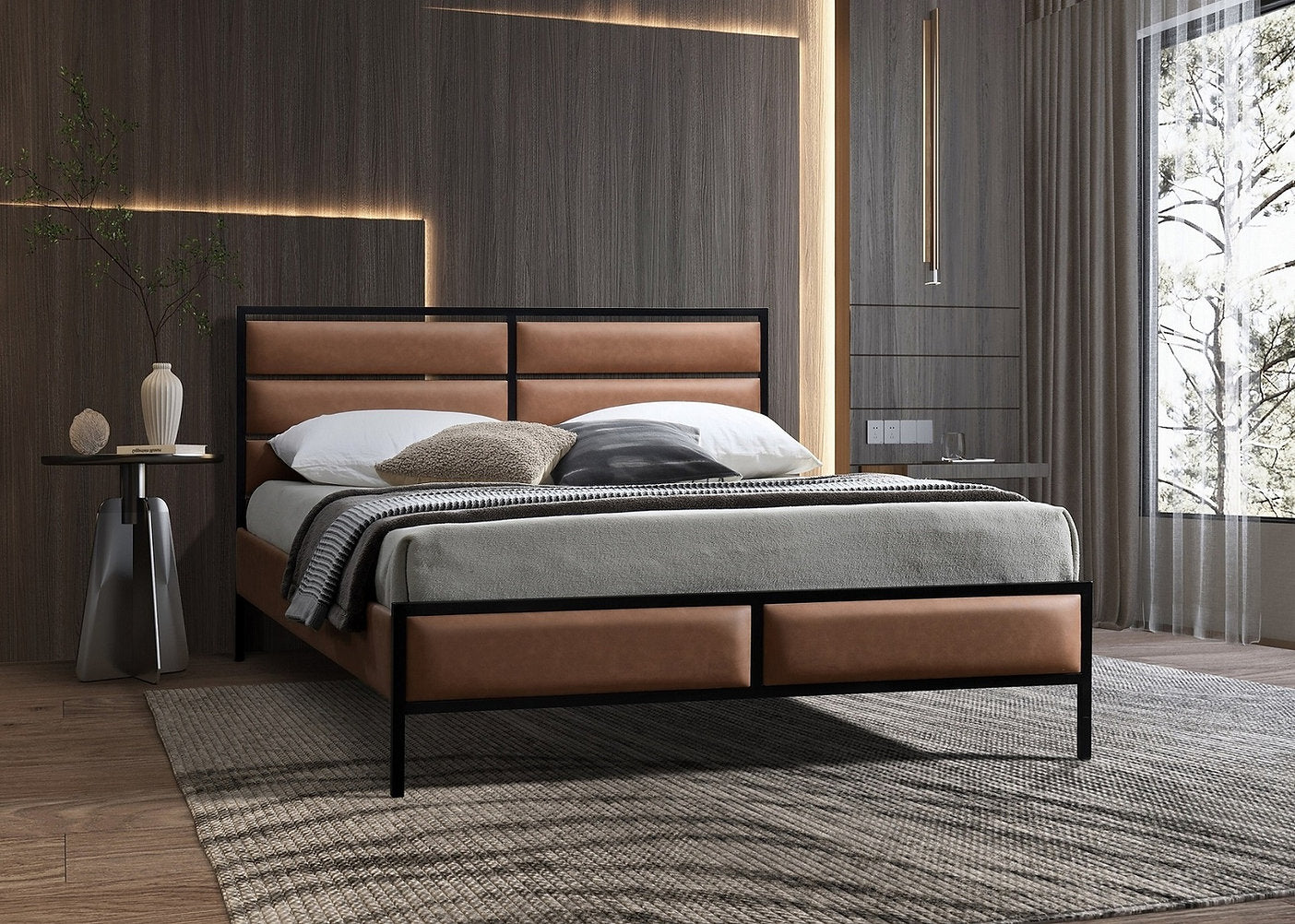 Lit Plateforme Style Moderne/Industriel - Mousse Haute Densité, Structure Métallique, Inserts PU Beige