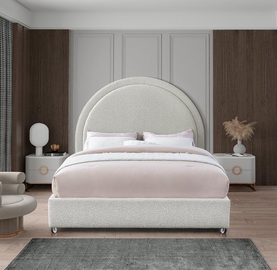 Lit Rembourré Design Contemporain - Tissu Boucle Crème, Acrylique, Matelas