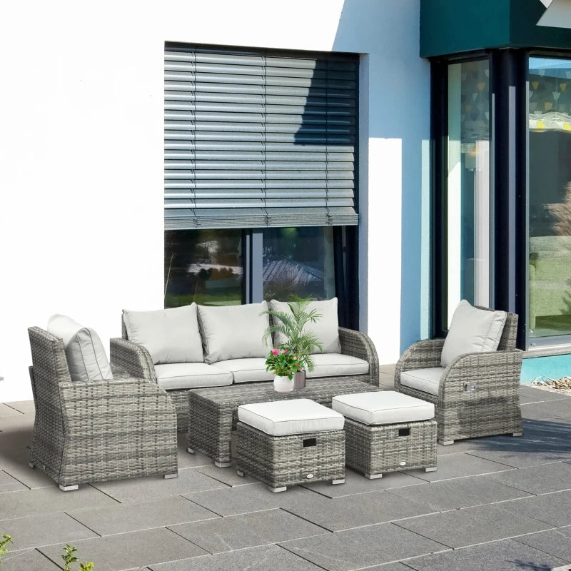 Ensemble de meubles de patio 6 pièces, ensemble de conversation en osier, canapé 3 places rembourrés en rotin, 2 fauteuils inclinables réglables, 2 repose-pieds et table pour pelouse, jardin, arrière-cour, gris clair 