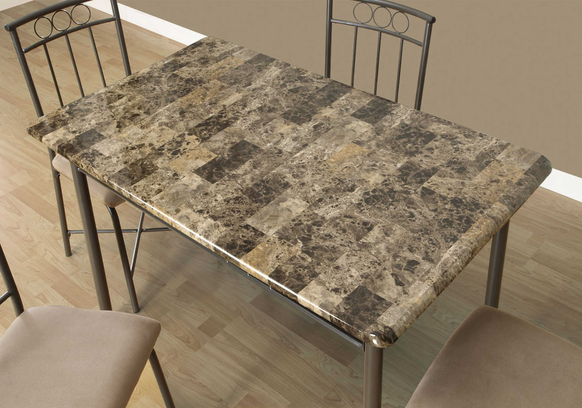 DINING SET - 5PCS SET / ESPRESSO MARBLE / BRONZE METAL :  I 1029