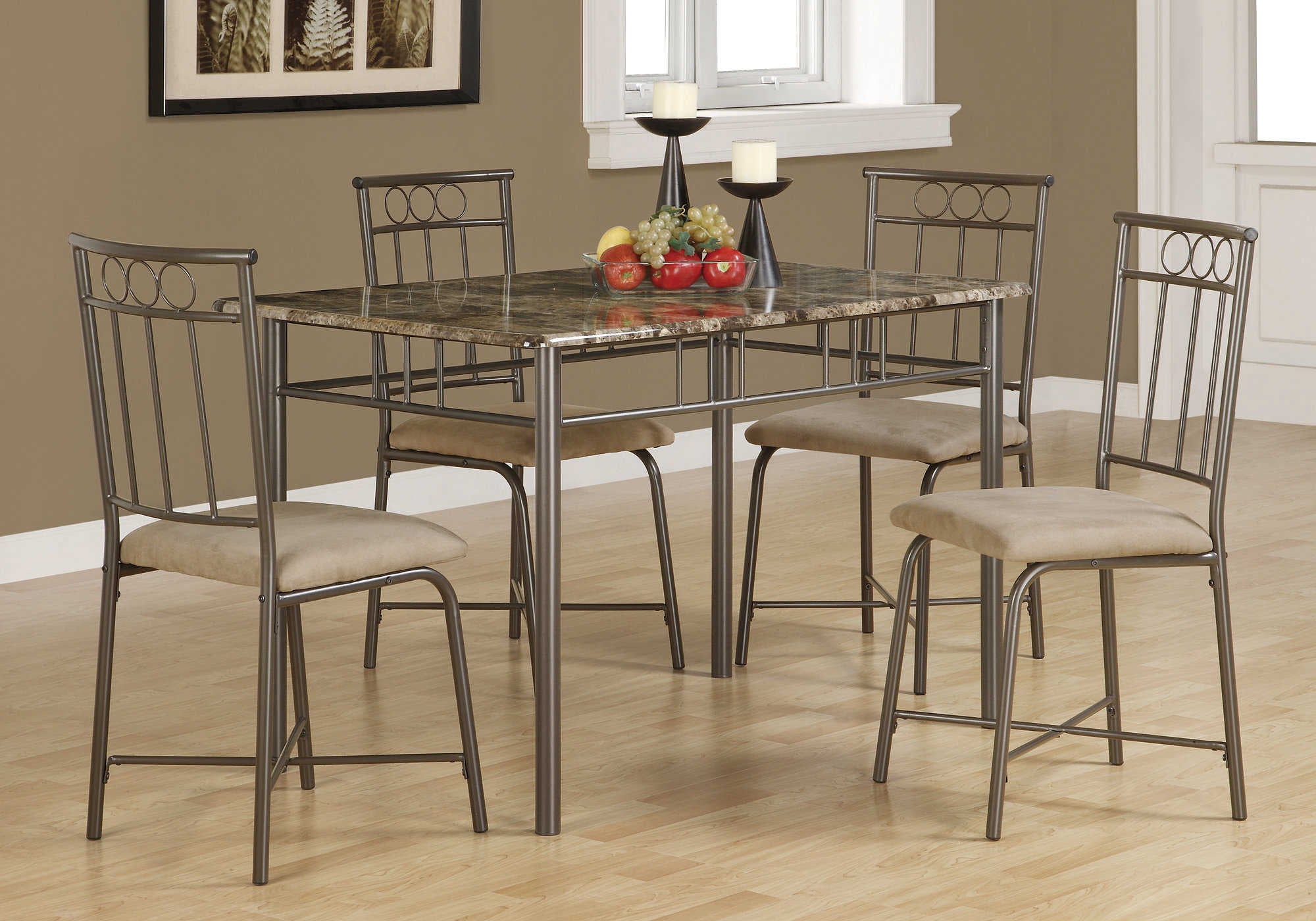 DINING SET - 5PCS SET / ESPRESSO MARBLE / BRONZE METAL :  I 1029