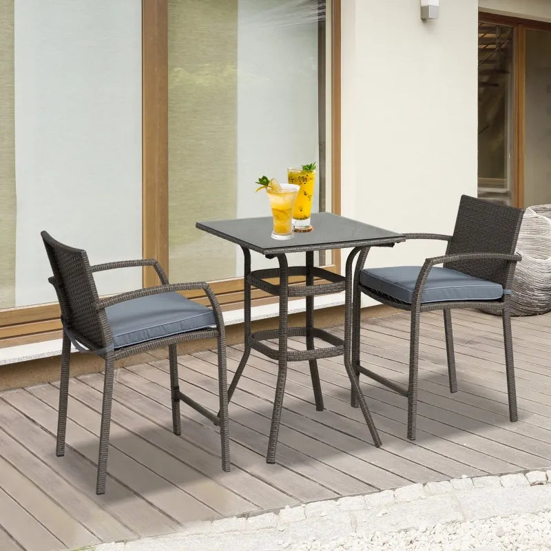 Ensemble de bar de patio 3 pièces, ensemble de bistro de jardin en osier, mobilier d'extérieur, table et tabourets en rotin PE avec coussin de siège, gris
