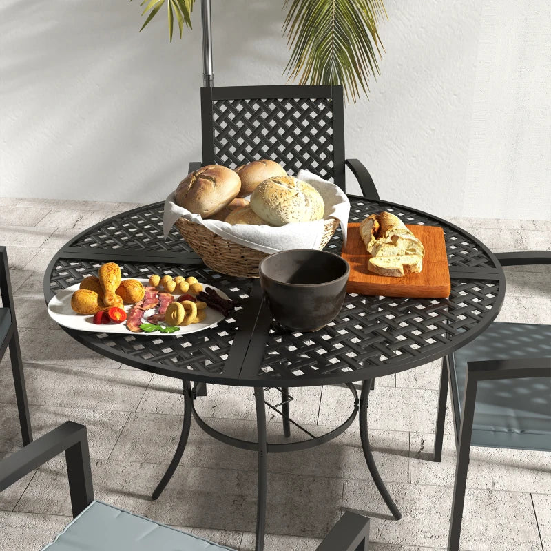 Ensemble de salle à manger d'extérieur 5 pièces avec 4 fauteuils rembourrés empilables, ensembles de meubles de patio avec trou pour parasol, table en plaque métallique, pour terrasse de jardin, bord de piscine, pelouse, gris