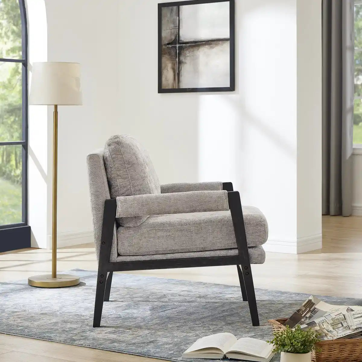 Fauteuil Carlo en Chenille Gris - Cadre Noir Minuit