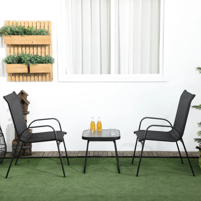 Ensemble bistro d'extérieur de 3 pièces, ensemble de patio 3 pièces avec tissu en maille respirante, chaises empilables et table carrée, noir