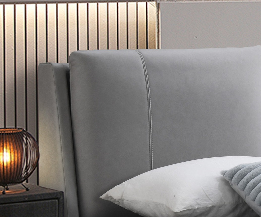 Lit Plateforme PU Gris - Tête de Lit Rembourrée, Mousse Haute Densité, Pieds Acier Noir