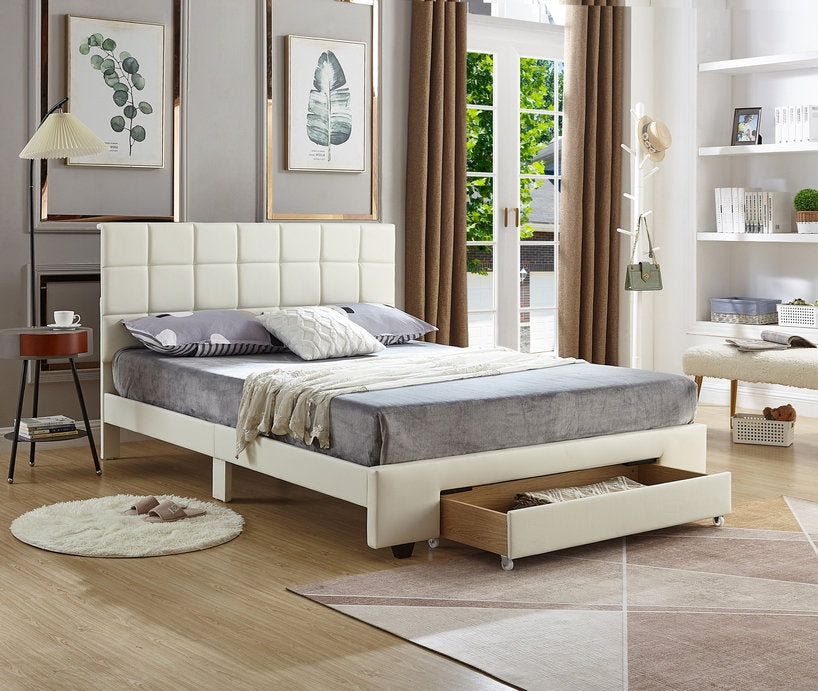 Lit PU Blanc - Tête de Lit Capitonnée Carrée, Support Matelas