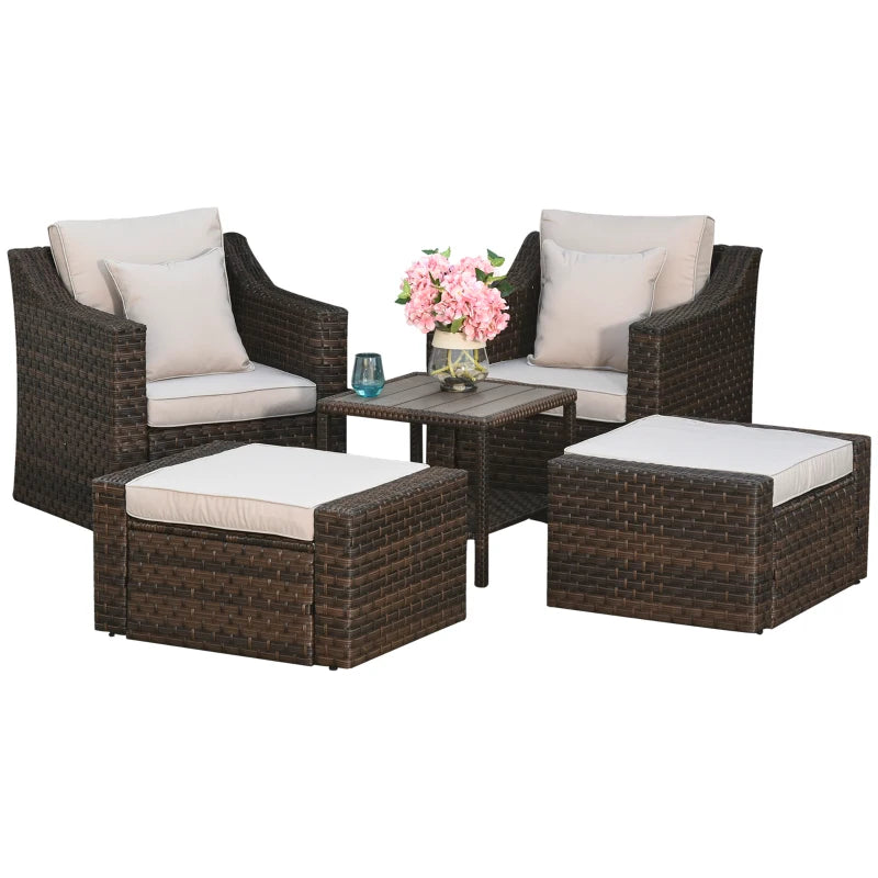 Ensemble de meubles de patio 5 pièces, ensemble de conversation d'extérieur en rotin et osier avec 2 chaises rembourrées, 2 poufs et table basse, housse de coussin de remplacement incluse, beige