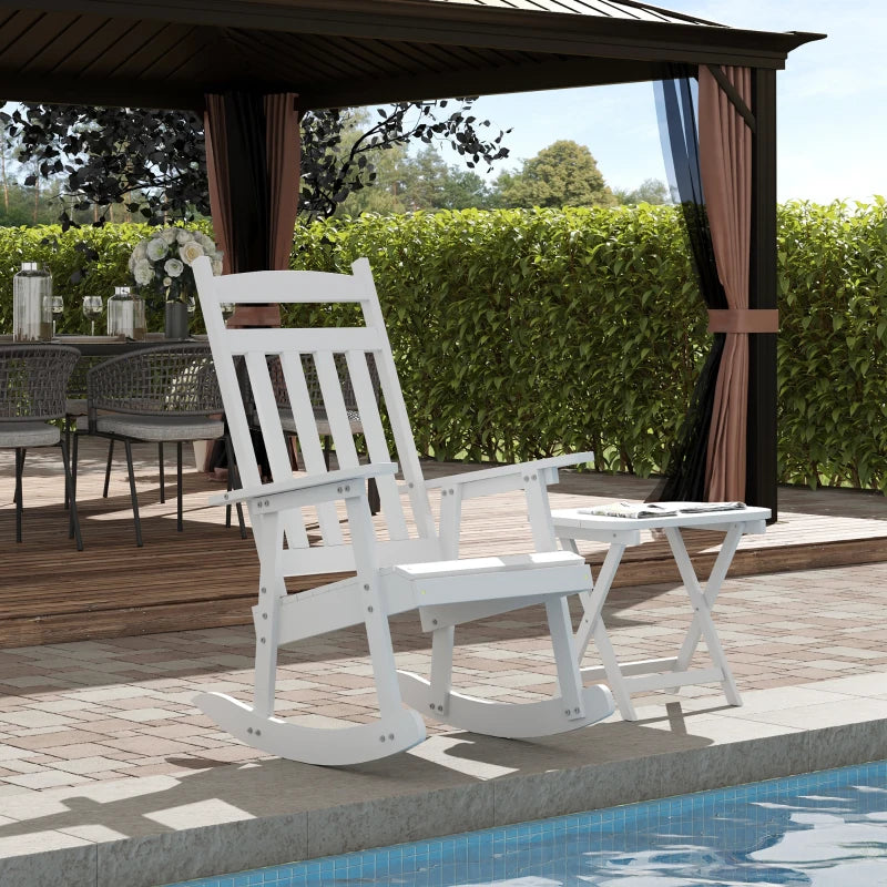 Chaise à bascule en bois avec table, ensemble à bascule d'extérieur avec fauteuil à dossier haut et table d'appoint pliable pour cour, jardin, porche, blanc