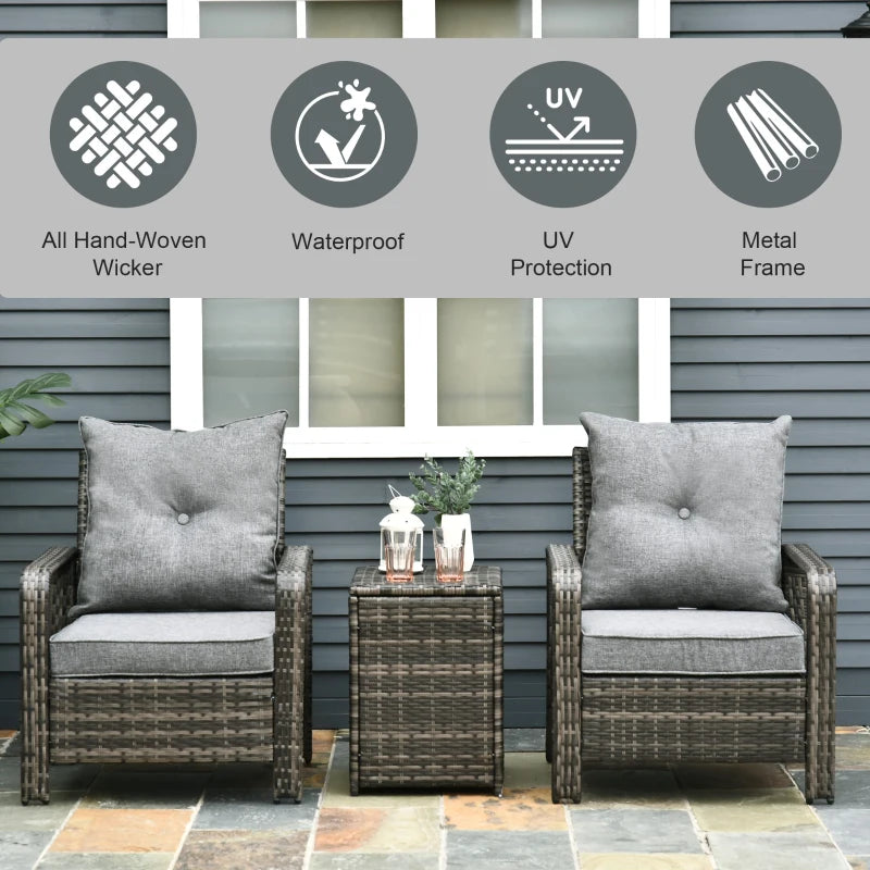 Ensemble bistro de terrasse 3 pièces avec 2 chaises rembourrées et 1 table d'appoint de rangement, ensemble de canapé de jardin en rotin PE avec housse de coussin amovible, gris