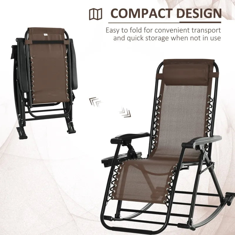 Chaise longue inclinable réglable 2 en 1 à gravité zéro, fauteuil de jardin inclinable et à bascule, chaise longue pliable, siège de sieste avec appui-tête et plateau marron