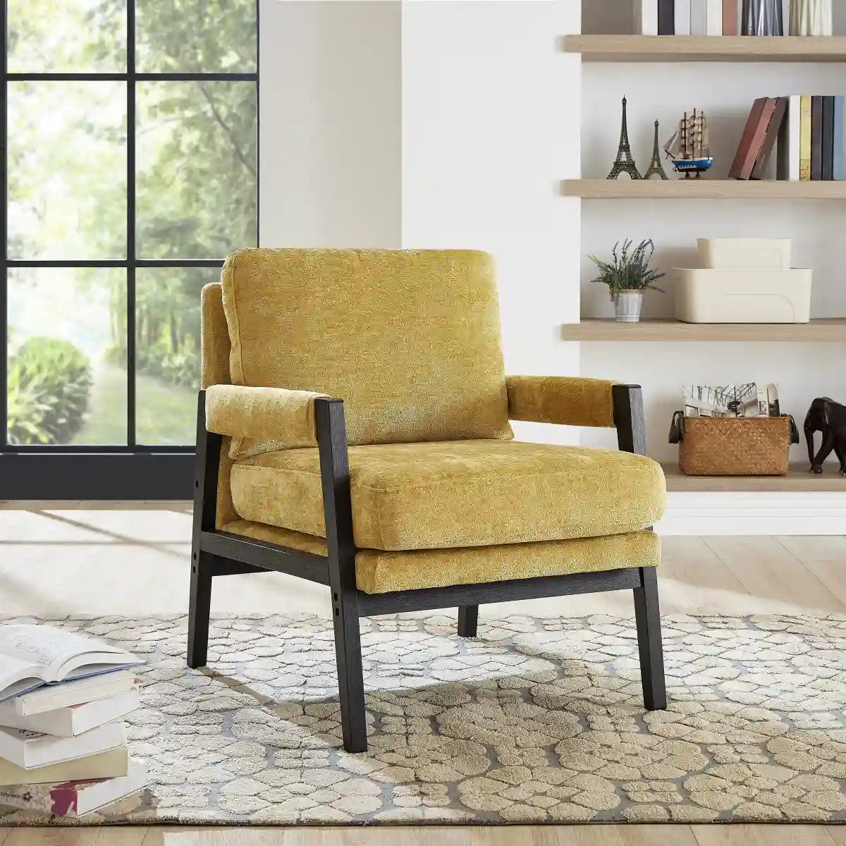 Fauteuil Carlo en Chenille Jaune - Cadre Noir Minuit
