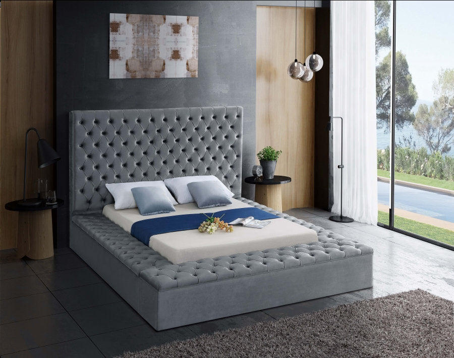 Lit Plateforme en Velours Gris - 3 Grands Rangements, Capitonnage Profond, Hauteur de 16 po