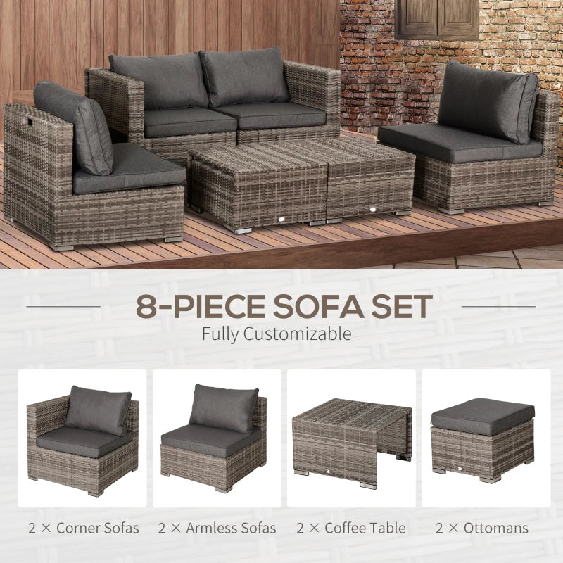 Ensemble de meubles de patio 8 pièces, ensemble de canapé d'extérieur en rotin et osier, siège inclinable, table à thé et repose-pieds, meubles de patio de jardin avec 2 housses de coussin, gris et orange