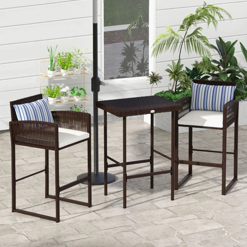 Ensemble de bar en osier 3 pièces, chaise de table de bar de patio avec coussins, pour bord de piscine, 25,2" x 19,3" x 37", blanc