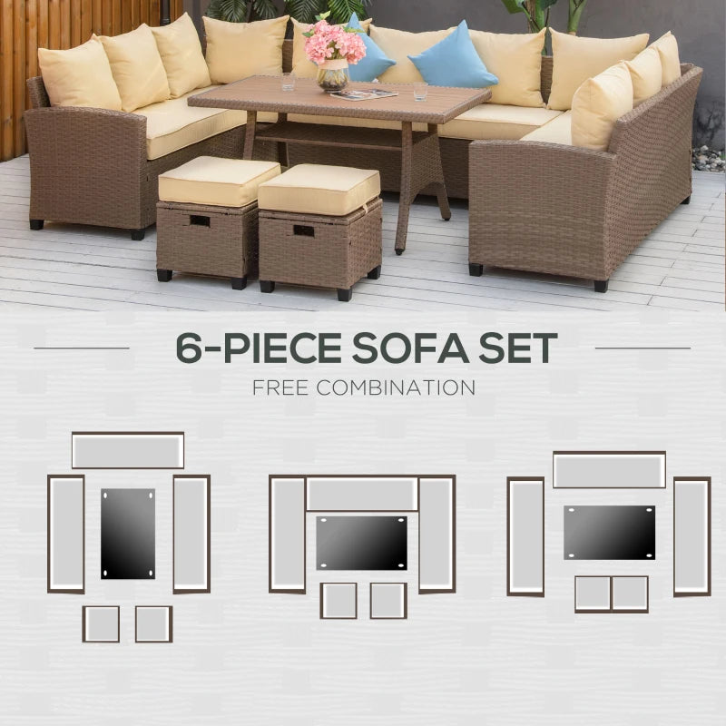 Ensemble de meubles de patio 6 pièces, ensemble de table à manger d'extérieur, ensemble de canapé en osier, meubles de conversation en rotin PE toutes saisons, avec table basse et coussins en plastique à grain de bois, kaki