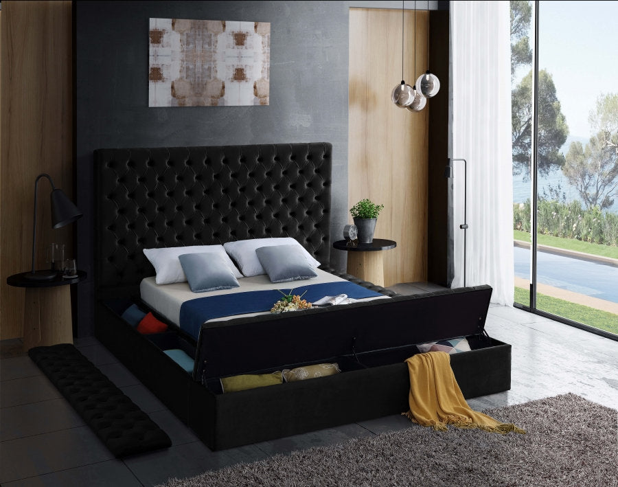 Lit Plateforme en Velours Noir - 3 Grands Rangements, Capitonnage Profond, Hauteur de 16 po
