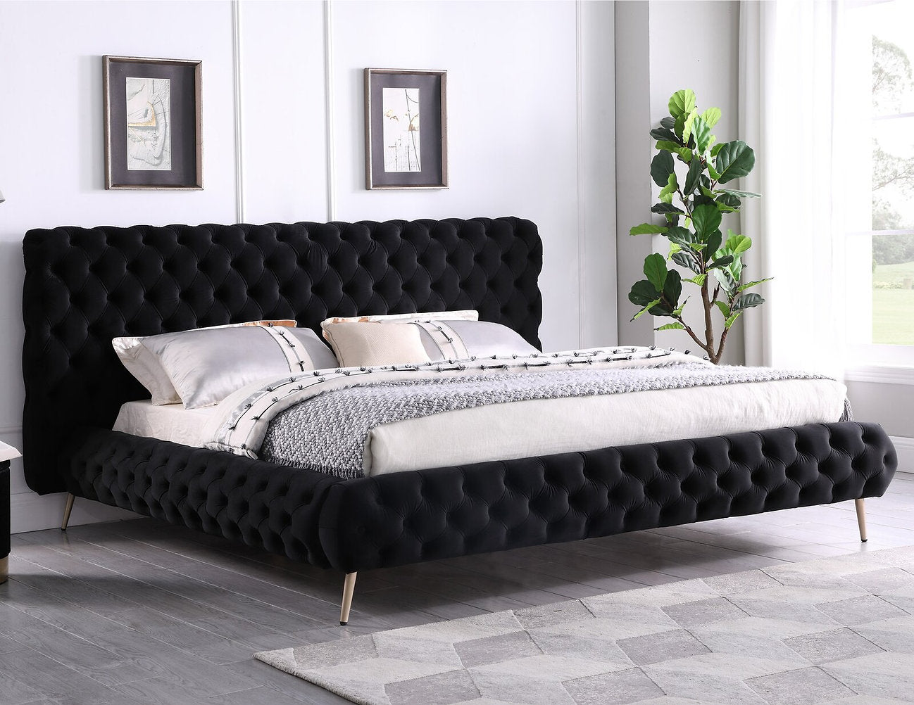 Lit en Velours Noir - Capitonnage Extra Profond, Pieds Chromés, Support de Matelas Inclus