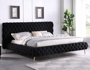Lit en Velours Noir - Capitonnage Extra Profond, Pieds Chromés, Support de Matelas Inclus