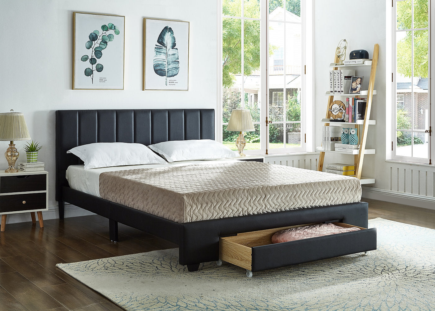 Lit en PU noir avec tête de lit rembourrée et tiroir de rangement