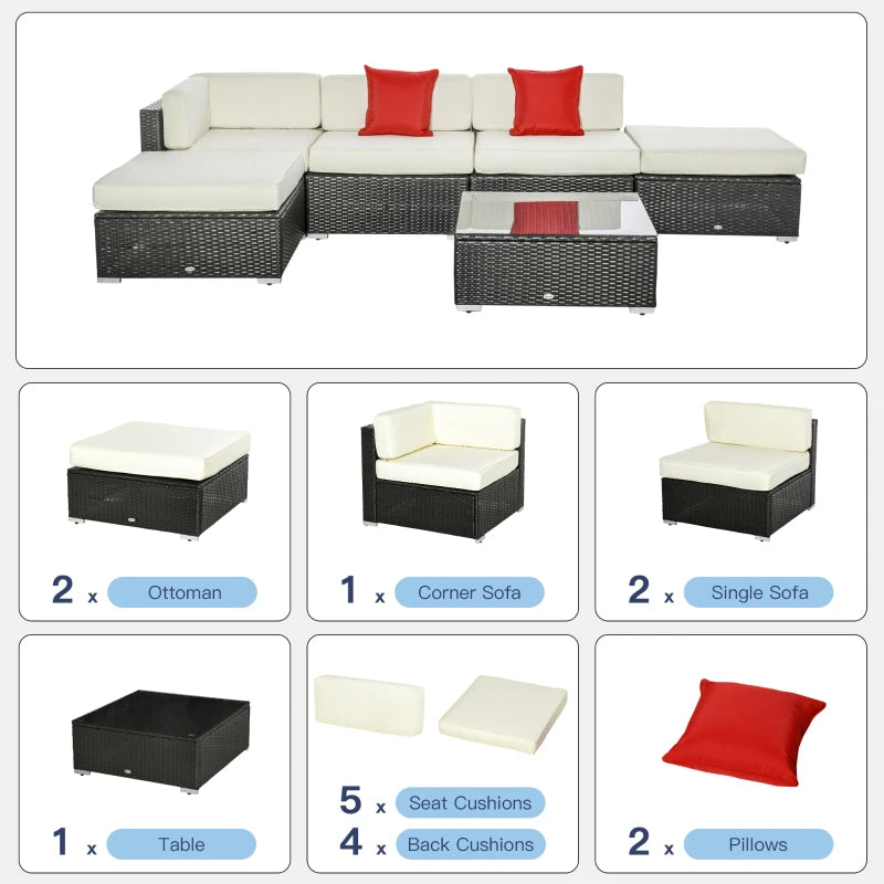 Ensemble de meubles de patio en osier 6 pièces avec coussins épais, ensemble de canapé de conversation sectionnel en rotin PE résistant aux intempéries avec table en verre, beige