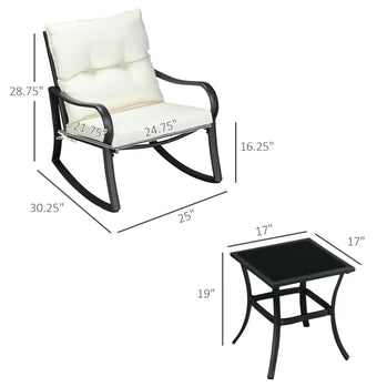 Ensemble de 3 chaises à bascule en osier pour patio, meubles d'extérieur en rotin PE avec 2 bascules et 1 table basse avec coussins rembourrés pour terrasse, cour, jardin, blanc crème