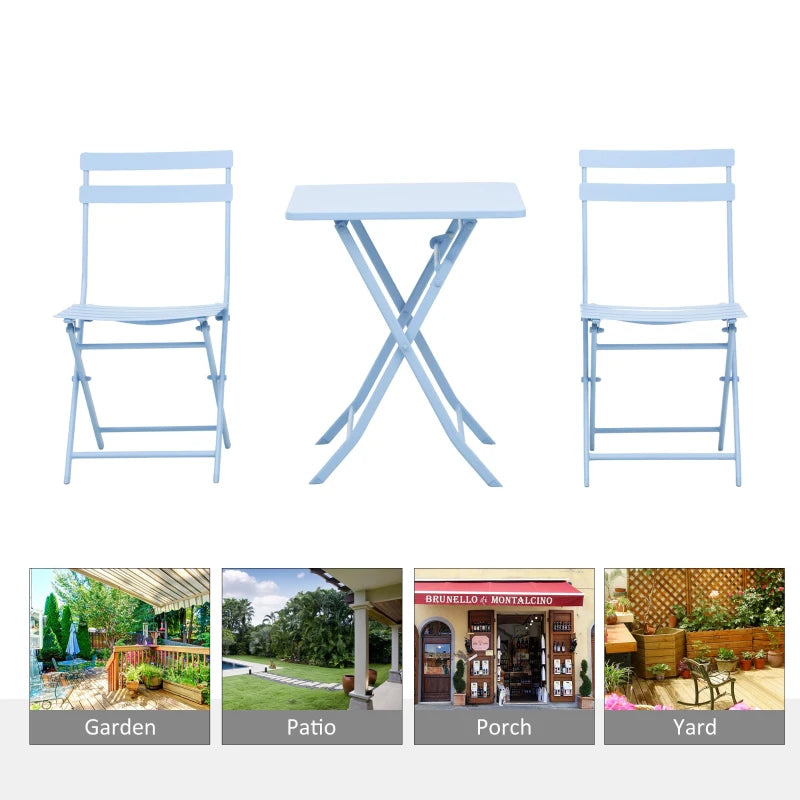 Ensemble de café bistro de jardin 3 pièces, chaise de patio pliable et table carrée pour cour extérieure, porche, balcon au bord de la piscine, bleu