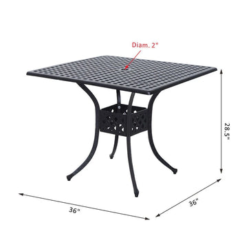 Table de bistro de patio extérieure carrée en métal de 36 po x 36 po avec trou pour parasol noir