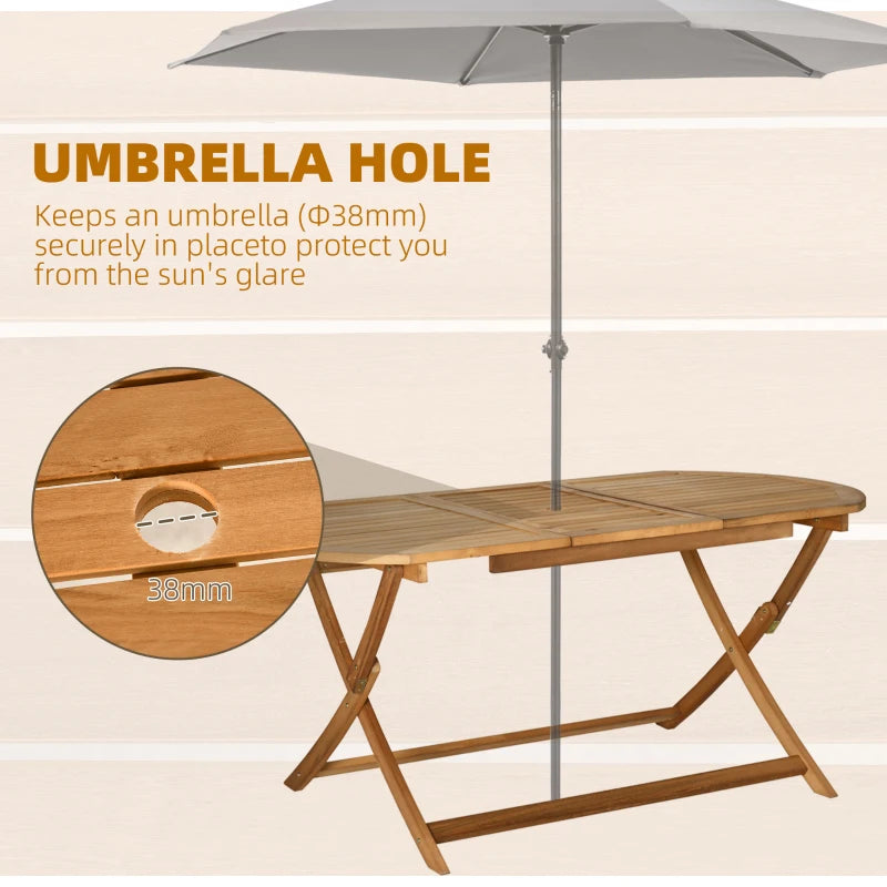 Ensemble de salle à manger de patio en bois de 7 pièces pour 6 personnes, ensemble de table à manger et de chaises avec trous pour parasol, meubles de patio d'extérieur pliants, teck