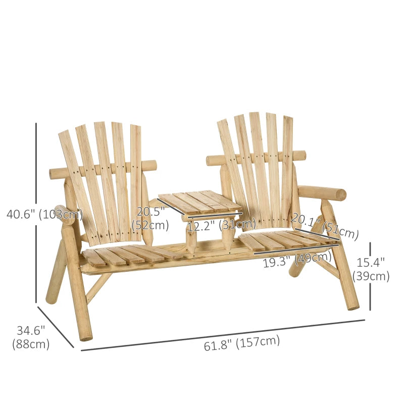 Banc de chaise de patio Adirondack en bois avec table basse centrale, pour se prélasser et se détendre à l'extérieur, naturel