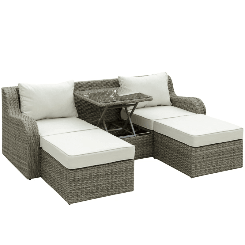 Ensemble de meubles de patio 3 pièces en osier avec table centrale relevable, cadre en aluminium, ensemble de canapé de conversation sectionnel d'extérieur entièrement assemblé avec coussins rembourrés de 4" d'épaisseur, beige